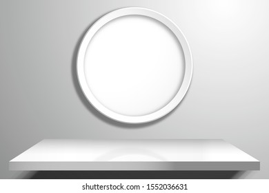 Round white empty frame for a picture or mirror above a shelf. Template with realistic shadows