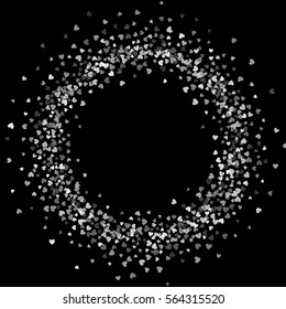 Round white frame or border of random scatter transparent hearts. Design for festive banner, greeting card, postcard, wedding invitation, Valentines day and save the date card. Vector illustration.