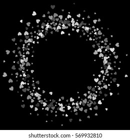 Round white frame or border of random scatter transparent hearts. Design for festive banner, greeting card, postcard, wedding invitation, Valentines day and save the date card. Vector illustration.