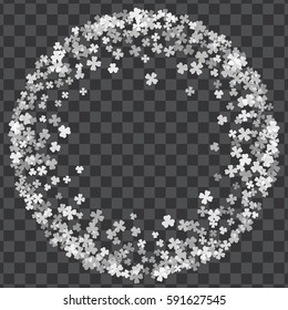 Round white frame or border of random scatter transparent clover leaves. Elegant St. Patricks day design for festive banner, greeting card, postcard, invitation, flyer, poster. Vector illustration.
