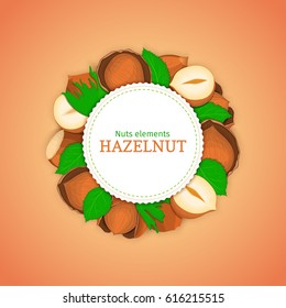 Round white frame composed of hazel nut. Vector card illustration of filbert nut. Circle nuts frame, walnut fruit in the shell, whole, shelled, leaves for packaging design food.