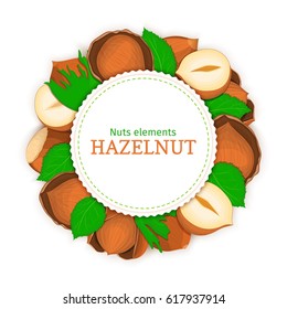 Round white frame composed of hazel nut. Vector card illustration of filbert nut. Circle nuts frame, walnut fruit in the shell, whole, shelled, leaves for packaging design food.
