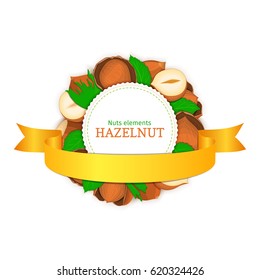 Round white frame composed of hazel nut and gold ribbon. Vector card illustration of filbert nut. Circle nuts frame, walnut fruit in the shell, whole, shelled, leaves for packaging design food.