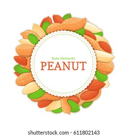 Round white frame composed of peanut nut. Vector card illustration. Circle nuts frame, groundnut fruit in the shell, whole, shelled, leaves appetizing looking for packaging design of healthy food