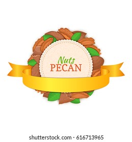 Round white frame composed of pecan nut and gold ribbon. Vector card illustration. Circle nuts frame, walnut fruit in the shell, whole, shelled, leaves for packaging design of healthy food.