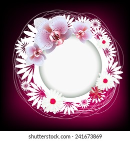 Round white frame with flowers and orchids. Vector 