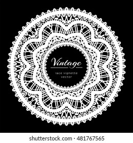 Round white frame with lace border ornament, lacy label, vector circle tulle decoration on black