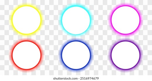 Plata, oro, cobre y bronce redondo con panel led multicolor. Amarillo, turquesa, rosa, rojo, azul, púrpura efecto de neón brillante. Ilustración vectorial 3D aislada sobre fondo transparente.