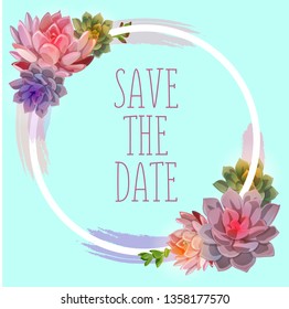 Round white frame on a blue background with succulents. Vector.