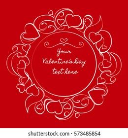 Round white frame on bright red background. Romantic ornament with hearts, swirls and petals for valentines day cards, wedding decoration.