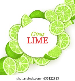 Round white frame on citrus lime diagonal composition background Vector card illustration Tropical green lemon fruit frame peeled piece of half slice for design of food packaging juice breakfast detox