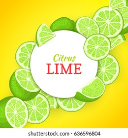 Round white frame on citrus lime diagonal composition background Vector card illustration Tropical green lemon fruit frame peeled piece of half slice for design of food packaging juice breakfast detox