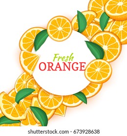 Round white frame on citrus orange diagonal composition background. Vector card illustration. Mandarin frame, tangerine fruit and leaves for packaging design of detox, cosmetics cream, jam, juice