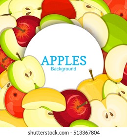 Round white frame on color apples background. Vector card illustration. Delicious fresh apple whole, peeled, piece of half, slice, leaves, seed. appetizing looking for packaging design of food