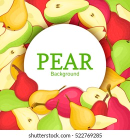 Round white frame on color pears background. Vector card illustration. Delicious fresh pear whole, peeled, piece of half, slice, leaves, seed. appetizing looking for packaging design of food