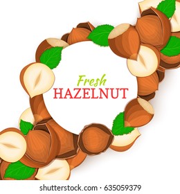 Round white frame on hazelnut nut diagonal composition background. Vector card illustration. Nuts frame, filbert fruit in the shell, whole, shelled, leaves for packaging design of healthy food, menu