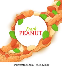 Round white frame on peanut nut diagonal composition background. Vector card illustration.