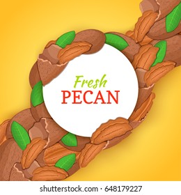 Round white frame on pecan nut diagonal composition background. Vector card illustration. Nuts frame, filbert fruit in the shell, whole, shelled, leaves for packaging design of healthy food, menu