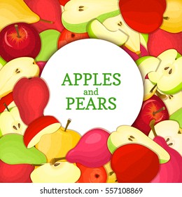 Round white frame on ripe apple pear background. Vector card illustration. Delicious fresh and juicy pears applea peeled piece of half slice seed appetizing looking for design of food packaging juice