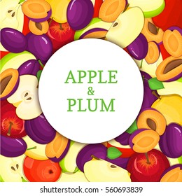 Round white frame on ripe apple plum background. Vector card illustration. Delicious fresh and juicy plums apples peeled piece of half slice seed appetizing looking for design of food packaging juice