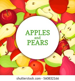 Round white frame on ripe apple pear background. Vector card illustration. Delicious fresh and juicy pears applea peeled piece of half slice seed appetizing looking for design of food packaging juice