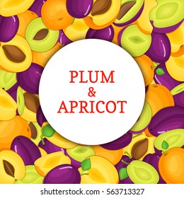 Round white frame on ripe apple plum background. Vector card illustration. Delicious fresh and juicy plums apples peeled piece of half slice seed appetizing looking for design of food packaging juice