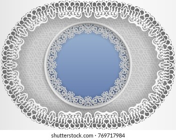 Round white frame in an oval frame with lace edges and a floral background inside. Template for wedding and other congratulations. In the middle there is space for text,  photos. Vector illustration.