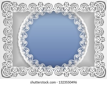 Round white frame in an rectangular frame with lace edges and a abstract background inside. Template for wedding and other congratulations. In the middle there is space for text, pictures, photos. 