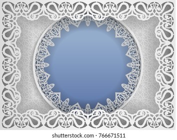 Round white frame in an rectangular frame with lace edges and a abstract background inside. Template for wedding and other congratulations. In the middle there is space for  pictures, photos. Vector
