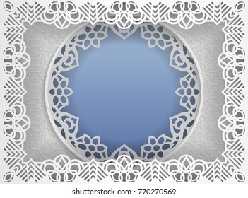 Round white frame in an rectangular frame with lace edges and a abstract background inside. Template for wedding and other congratulations. In the middle there is space for text, pictures, photos. Vec