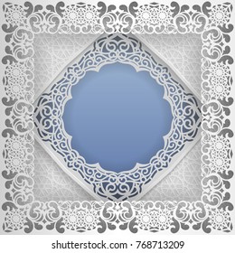 Round white frame in an square frame with lace edges and a abstract background inside. Template for wedding and other congratulations. In the middle there is space for text, pictures, photos. Vector.