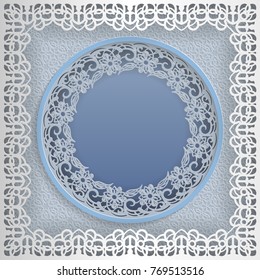 Round white frame in an square frame with lace edges and a abstract background inside. Template for wedding and other congratulations. In the middle there is space for text, pictures, photos. Vector.