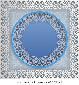 Round white frame in an square frame with lace edges and a abstract background inside. Template for wedding and other congratulations. In the middle there is space for text, pictures, photos. Vector.