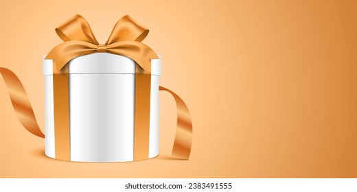 Caja de regalo redonda blanca con cinta dorada sobre el fondo dorado horizontal con espacio de copia. Elegante diseño vectorial de banner de vacaciones.