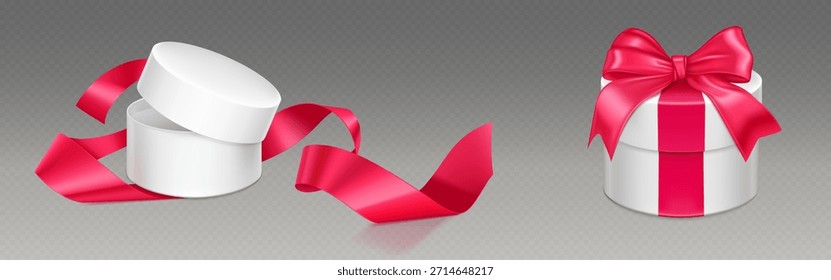 Maqueta de caja de regalo blanca redonda con cinta rosa y arco en forma de cilindro 3d. Envase de regalo abierto y cerrado con cinta de seda que fluye en bolsa transparente aislada para el diseño de embalaje de celebración.