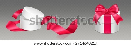 Round white gift box mockup with pink ribbon and bow in 3d cylinder shape. Open and closed present container with flowing silk tape on transparent bg isolated for celebration packaging design.