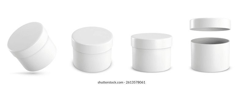 Round white gift boxes set - various view cylindrical containers with lids. Empty small packaging items for retail products or holiday congratulation. Blank mockup design of blank cylindrical pack.