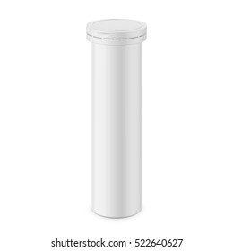 Round white glossy aluminum tube with cap for effervescent or carbon tablets, pills, vitamins. Realistic packaging vector mockup template. Eye-level view. 