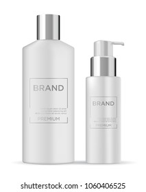 Round white glossy plastic bottle set with dispenser for 
liquid soap, lotion, shampoo, shower gel, lotion, body milk. 
Realistic packaging mockup template. Side view. 
Vector illustration.