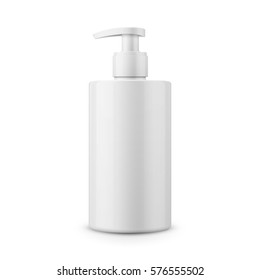 Round White Glossy Plastic Bottle With Dispenser For Liquid Soap, Shampoo, Shower Gel, Lotion, Body Milk. 435 Ml. 15 Oz. Realistic Packaging Mockup Template. Side View. Vector Illustration.