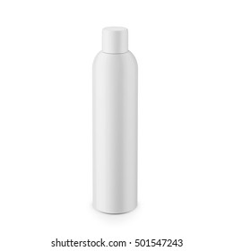 Round white glossy plastic cosmetic bottle with cap. Realistic packaging mockup template. Eye-level view. Vector illustration.