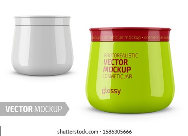 Round white glossy plastic jar with lid for cosmetics - body cream, butter, scrub, bath salt, gel, skin care,. Photo-realistic packaging mockup template with sample desigh. Vector 3d illustration.