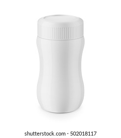 Round white glossy plastic jar with ribbed lid for dry products - hot chocolate, cocoa, instant coffee. Realistic packaging mockup template. Eye-level view. Vector illustration.