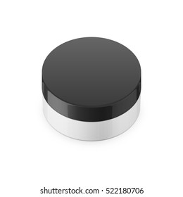 Round white glossy plastic jar with black lid for cosmetics - body cream, butter, scrub, bath salt, gel, skin care, powder. Realistic packaging mockup template. Upper view. Vector illustration. 