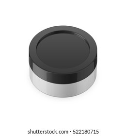 Round white glossy plastic jar with black lid for cosmetics - body cream or butter, scrub, bath salt, gel, skin care, powder. Realistic packaging mockup template. Upper view. Vector illustration