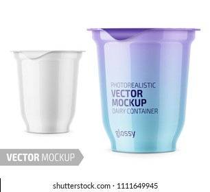 Round white glossy plastic pot with textured foil cover for dairy products, yogurt, cream, dessert. 350 g. Photo-realistic packaging mockup template with sample design. Vector illustration.