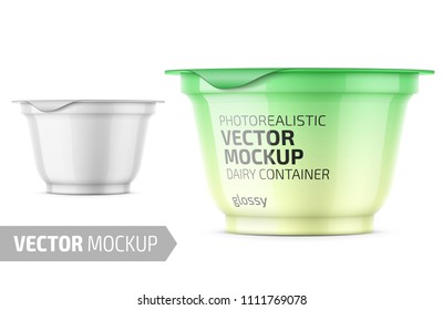 Round white glossy plastic pot with foil cover for yogurt, cream, dessert or jam. 200 ml. Photo-realistic packaging mockup template with sample design. Vector illustration.