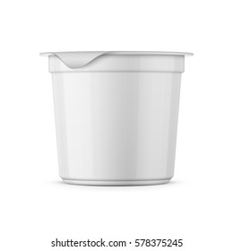 Round white glossy plastic pot with foil cover for yogurt, cream, dessert or jam. 125 ml. Realistic packaging mockup template. Side view. Vector illustration.