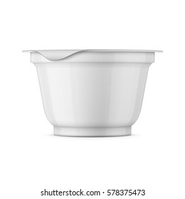 Round white glossy plastic pot with foil cover for yogurt, cream, dessert or jam. 200 ml. Realistic packaging mockup template. Side view. Vector illustration.