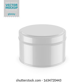 Round white glossy tin round box. Container for dry products - tea, coffee, sugar, cereals, candy. Photo-realistic packaging vector mockup template. Vector 3d illustration.